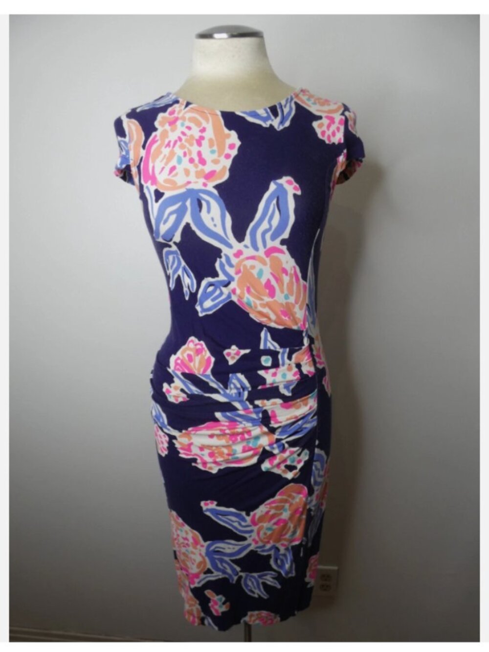 Lilly Pulitzer Womens S Kyra Ruched Dress Faux Wrap Jersey Knit Navy Pom Pom